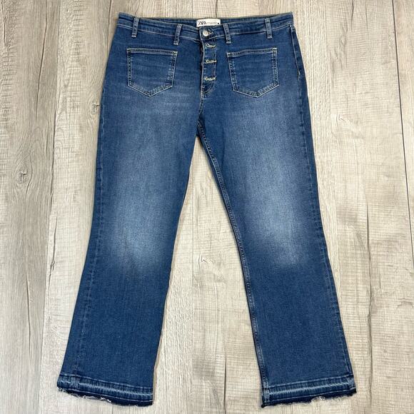 Zara Button Fly WMNS Ripped Hem Jeans US 12 EU 44 High Rise Denim Straight Light - Picture 5 of 5